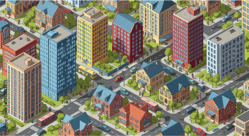 Isometric Cityscape with Buildings, Streets, Cars, and Greenery