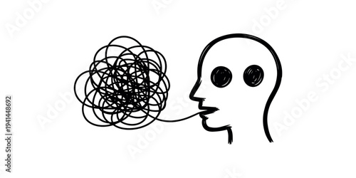 Black and white of a head with tangled lines coming out of mouth face