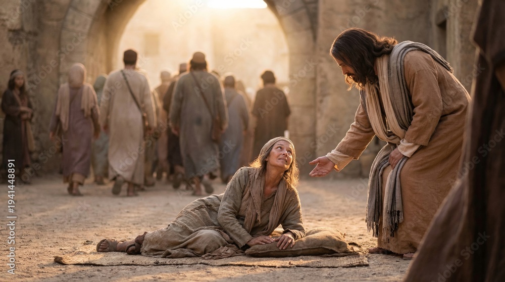 Naklejka premium Jesus Christ reaches out his hand to help a woman lying on the ground in an ancient city. Biblical scene of compassion and hope. Religious concept of mercy, miraculous healing and faith.