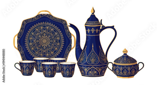 Elegant Moroccan Coffee Set: Blue and Gold Dallah, Cups, Sugar Bowl, and Tray