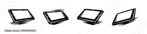 Black and white vector silhouette of tablet devices in various angles