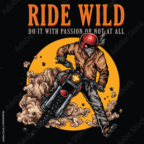 Motorcyclist riding dirt bike with smoke clouds and passionate quote