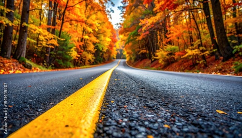 Asphalt road bends ahead through vibrant autumn foliage
