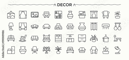 Decor modern icon set. Art and Design modern icon set. Contain linear symbols home, art, interior, room, desing, architecture and more. Vector collections.