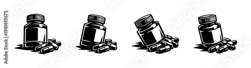 Black and white vector illustration of medicine bottles and pills in silhouette