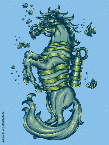 Steampunk seahorse with scuba gear and fish illustration