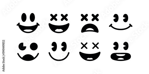 Black and white smiley faces with different expressions emoticons cartoon faces