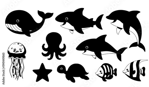 Cute sea animals cartoon vector set whale shark dolphin fish underwater collection