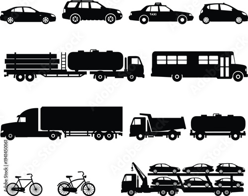 Collection of transportation vehicle silhouettes, including cars taxis buses trucks trailers tanker bicycle logistics transport fleet isolated icons