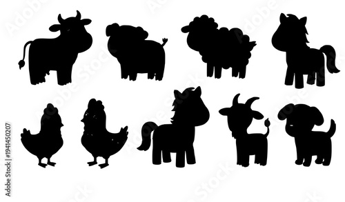 Cute cartoon farm animals vector set cow pig sheep horse chicken kids collection