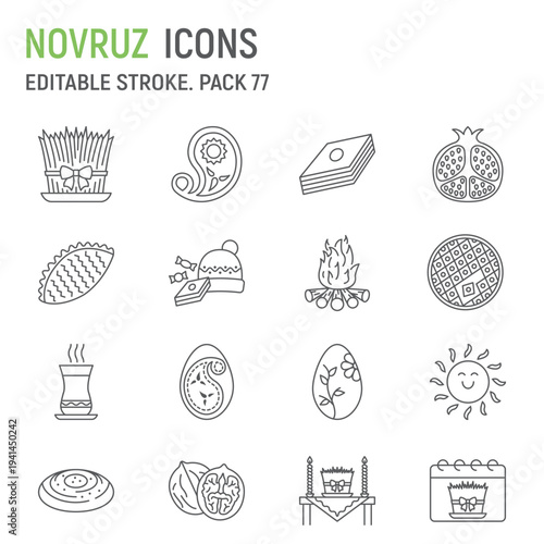 Novruz holiday line icon set, traditional spring celebration collection, Nowruz symbols vector icons, editable stroke outline pictograms