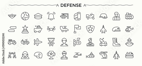 Defense icon set. Thin line icons set. Contains outline symbols like anti, firewall, protection, cyber. Art and illustration. Privacy related icon set.