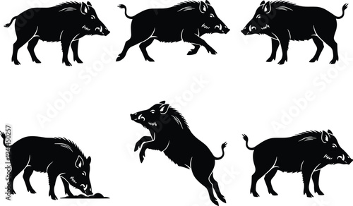 Wild boar silhouettes set, running standing jumping boar animal collection isolated wildlife vector illustration icons