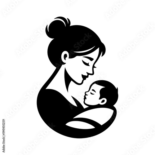 Logotipo día de la madre. Dibujo sencillo de la cabeza de un mujer con un bebé en brazos 