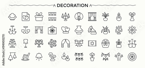 Decoration icon set. Modern linear icons. Vector illustration. Architecture line icon set. Included room, architecture, home, house interior and more.