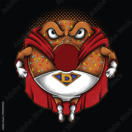 Superhero donut character with cape and undersized pants