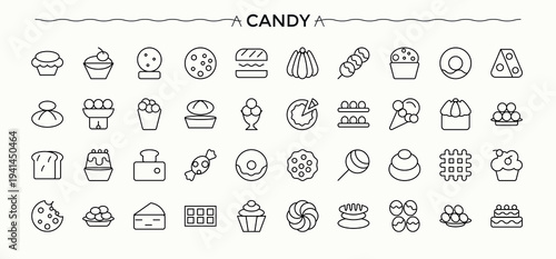 Candy icon set. It contains symbols to sweet, cupcake, dessert, food, bakery, cookie and more. Bakery icon set. Modern vector illustration. Vector artwork and illustration.