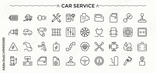 Auto Service icon set. Minimalist icons collection. Pixel perfect. Editable stroke. Repair linear icon collection. Contain linear sign service, car parts, mechanic, engine, repair and more.