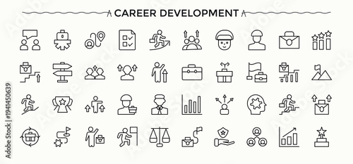 Career Development modern icon set. Editable stroke vector art. Act modern icon set. Contains outline symbols like job, resource, management, person, act, team, growth and more.