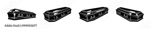 Black and white vector silhouette of coffins in various angles for design