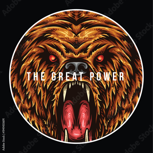 Fierce grizzly bear roaring with red eyes, tribal art illustration