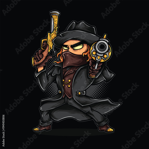Chibi cowboy outlaw with guns, cartoon illustration, western theme