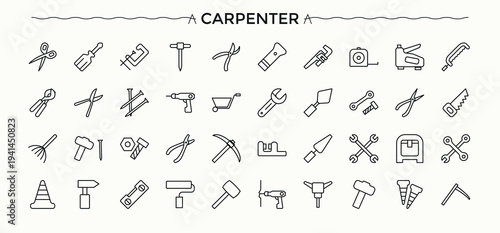 Carpenter Tools vector icon set. Thin icons set. Vector illustration. Handyman icon collection. Featuring tools, carpentry, carpenter, wood craft, handyman and more.