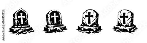 Vector illustration of gothic tombstones with crosses in black and white silhouette