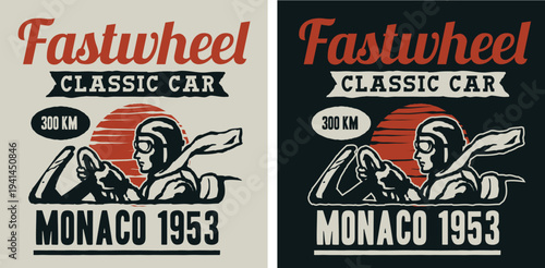 Fastwheel classic car racing in monaco 1953, vintage illustration art