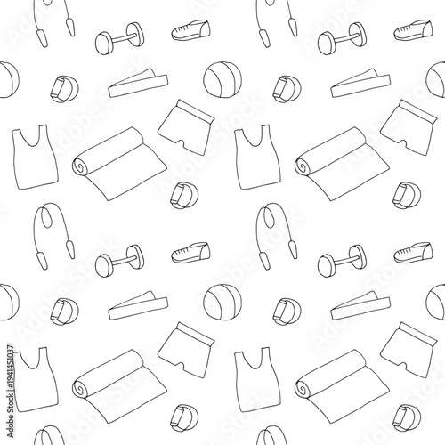 A seamless background pattern featuring scattered hand-drawn icons of fitness gear and workout clothes