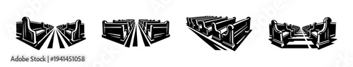 Black and white silhouette of empty church pews in graphic vector set