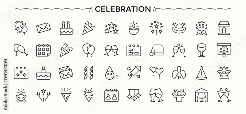 Celebration icon. Containing party, decoration, anniversary, entertainment, celebrate and more. Firework icon set. Web icons pack. Editable stroke. Vector collection.