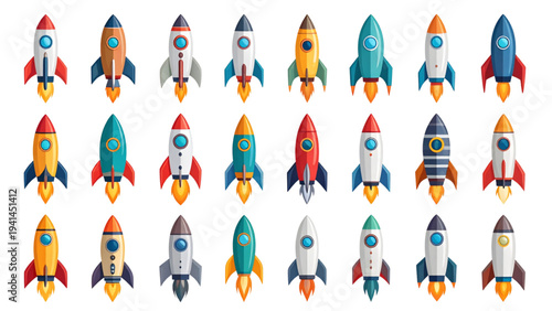 A set of rocket ship icons in various styles and colors. Simple vector illustrations for space, launch, and technology concepts. Flat style for web, apps, and presentations on a white background.