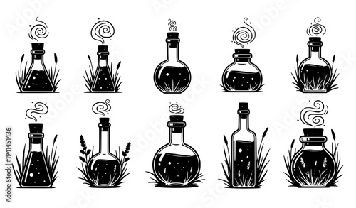 Fantasy alchemy potion bottle silhouettes with magical smoke and grass decorative vector collection