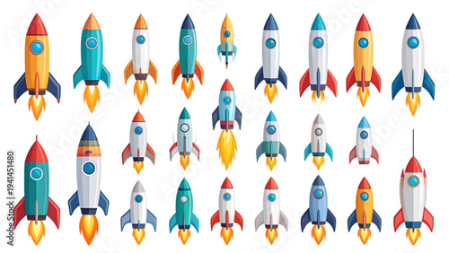 A set of rocket ship icons in various styles and colors. Simple vector illustrations for space, launch, and technology concepts. Flat style for web, apps, and presentations on a white background.