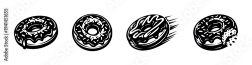 Vector silhouette of four donuts with icing in black and white illustration