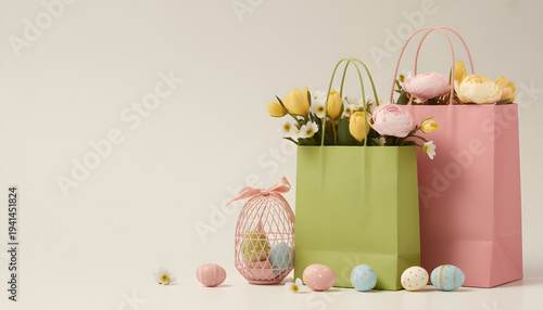 Elegant Easter shopping bags filled with spring flowers and decorative eggs