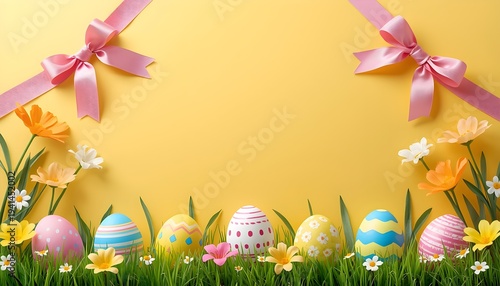 Easter background with colorful eggs in green grass and pink ribbons on yellow