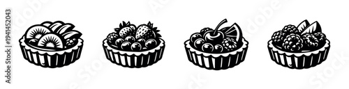 Vector illustration of black and white fruit tart silhouettes in various styles