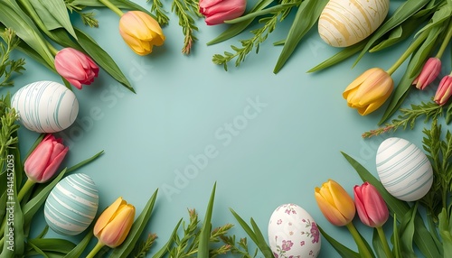 Easter frame with colorful tulips and patterned eggs on blue background