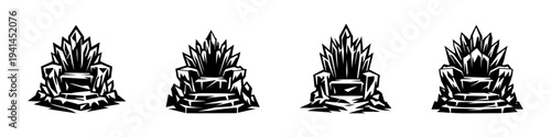 Set of vector crystal throne illustrations in black and white silhouette style