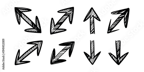Black hand drawn arrows on white background pointing