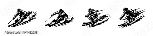 Dynamic vector silhouette illustrations of skiers in motion with speed lines