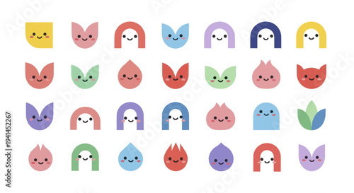 Adorable collection of cute and colorful cartoon faces with various expressions.
