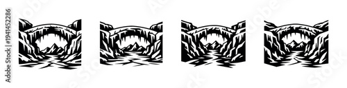 Set of black and white cave illustrations silhouettes with rocky landscapes