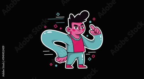 Cartoon character with stretchy arm pointing upwards in a playful pose.