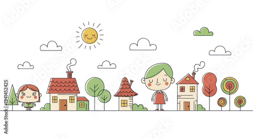 Charming Hand-Drawn Village Scene with Cute Characters and Houses.