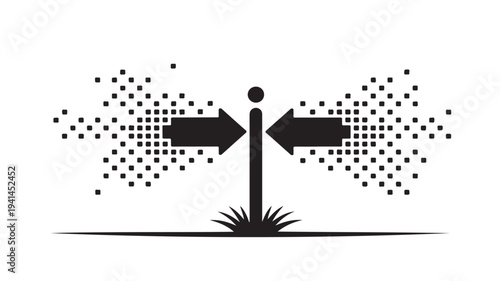 Black Silhouette Of Person Standing At Crossroads With Two Arrows For Decision Making Concepts Isolated On White