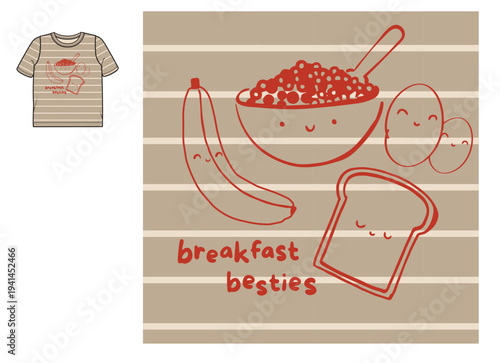 Cute kids t-shirt mockup with kawaii breakfast food graphic. Breakfast besties text placement print. Hand drawn apparel vector template.