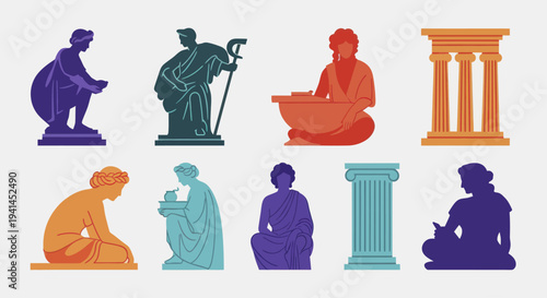 Collection of Ancient Greek and Roman Statues and Architectural Elements.